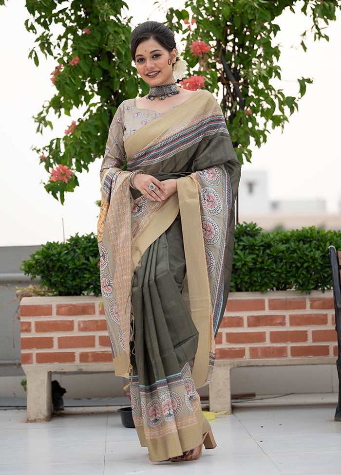 Green Tussar Silk Saree With Blouse Piece Grey Outlet Store Online