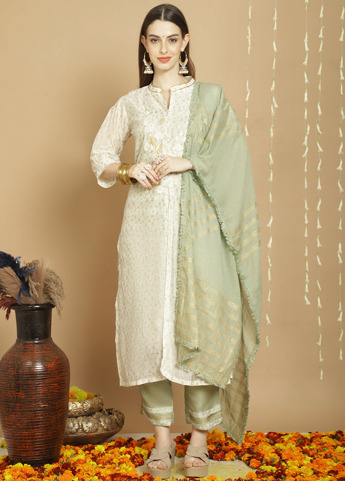 3 Pc Off White Unstitched Chanderi Suit Set Outlet Sale Online