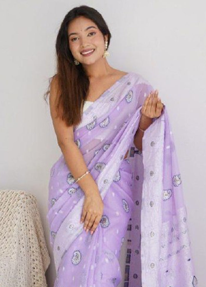 Lavender Cotton Saree With Blouse Piece Largest Supplier Cheap Pice