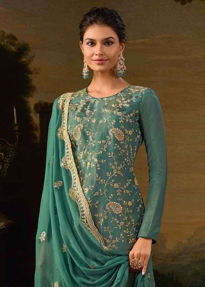 3 Pc Green Semi Stitched Silk Suit Set Free Shipping Shop For