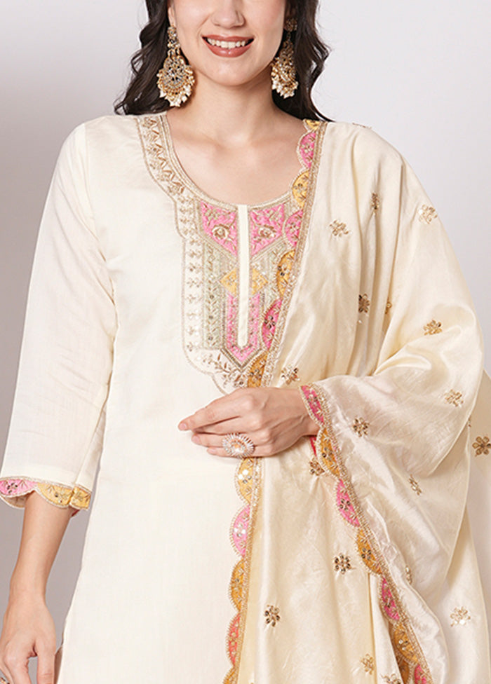 3 Pc Cream Readymade Viscose Dupatta Suit Set Free Shipping Cheap