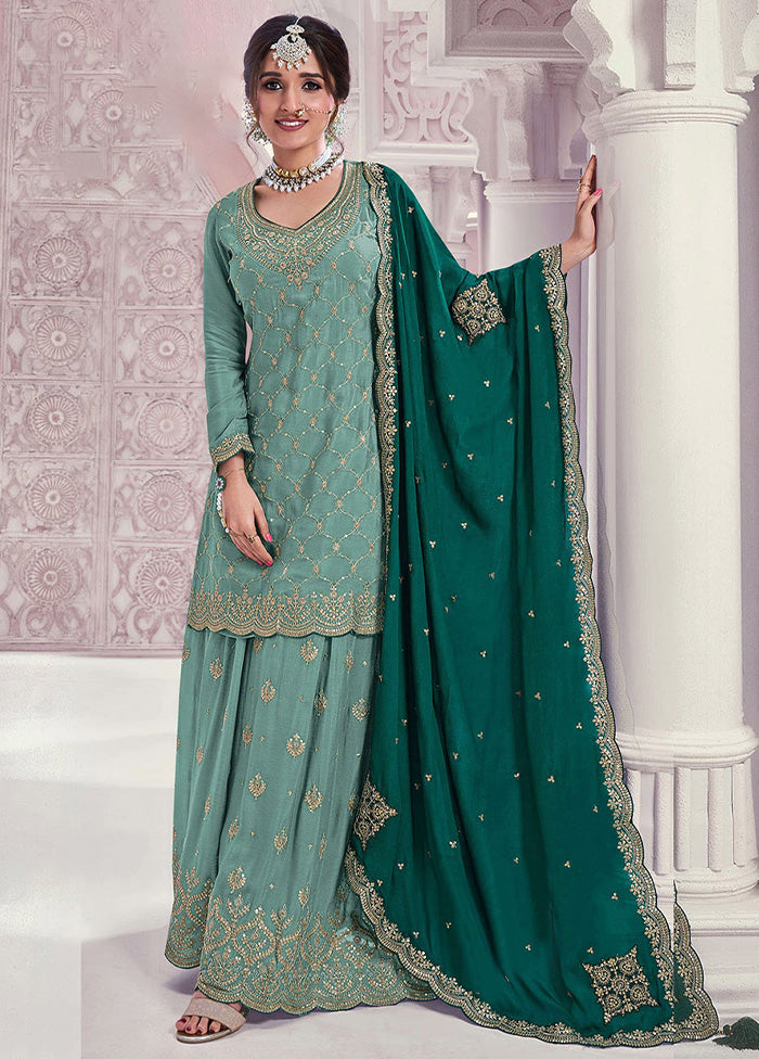 3 Pc Pista Green Semi Stitched Silk Dupatta Suit Set Cheap Sale Now