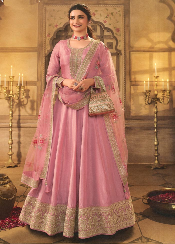 3 Pc Pink Semi Stitched Silk Suit Set Free Shipping Pick A Best