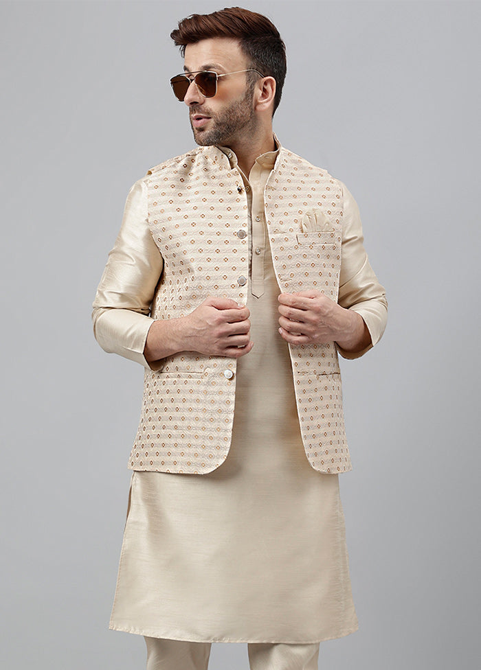 3 Pc Beige Viscose Nehru Set Discount For Cheap