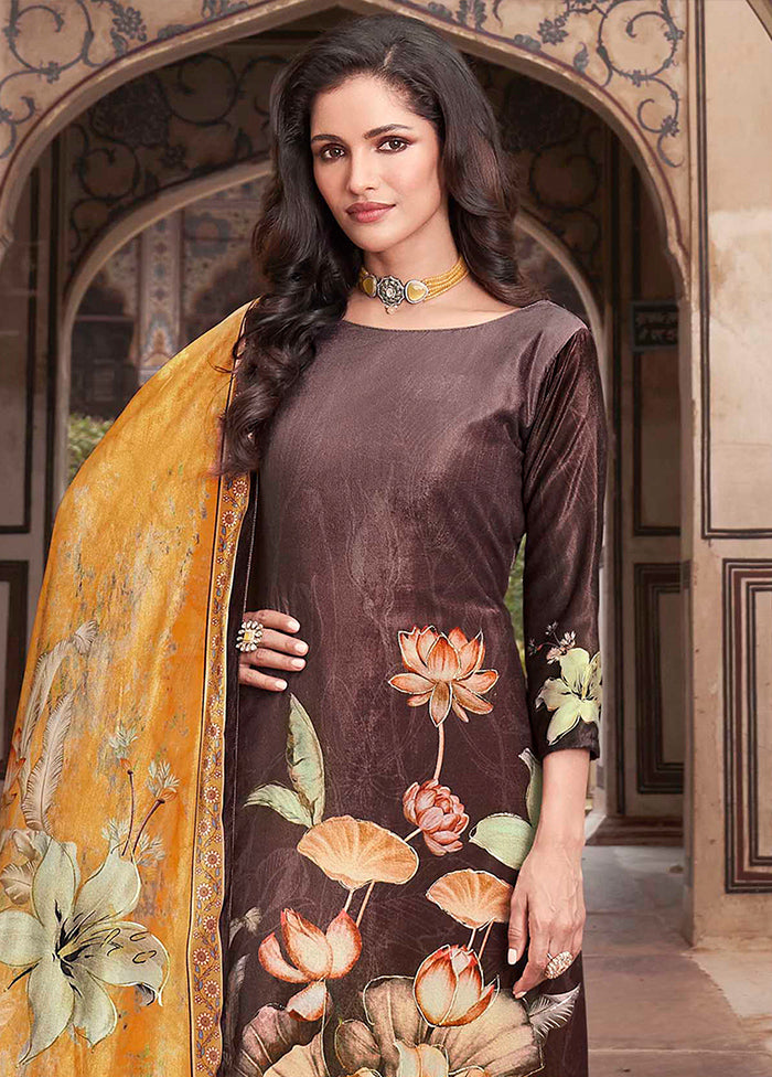 3 Pc Brown Unstitched Velvet Suit Set Shipping Discount Sale