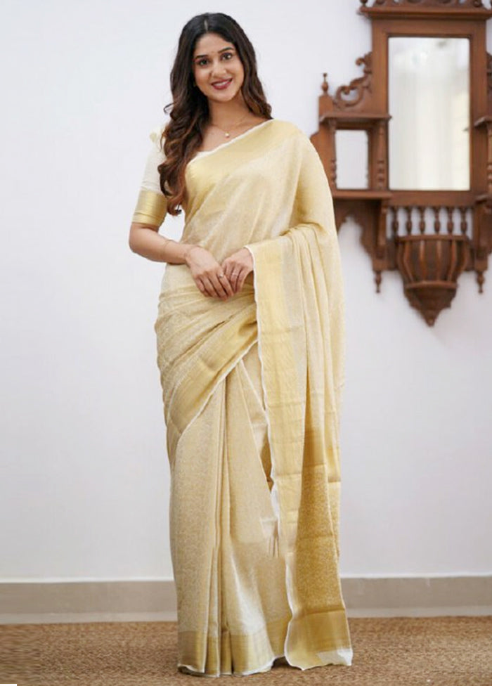 Cream Banarasi Silk Saree With Blouse Piece Cheap Sale Cheapest