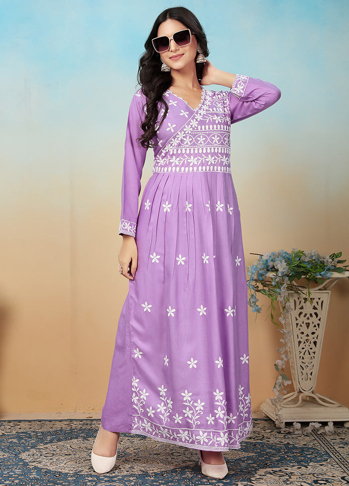 2 Pc Purple Readymade Rayon Long Kurti Set Marketable