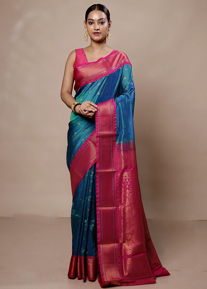 Blue Kanjivaram Silk Saree With Blouse Piece Free Shipping Top Quality