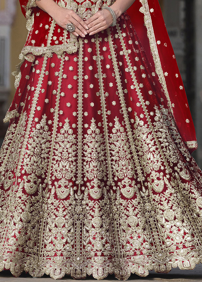 3 Pc Red Net Semi Stitched Lehenga Set Inexpensive For Sale