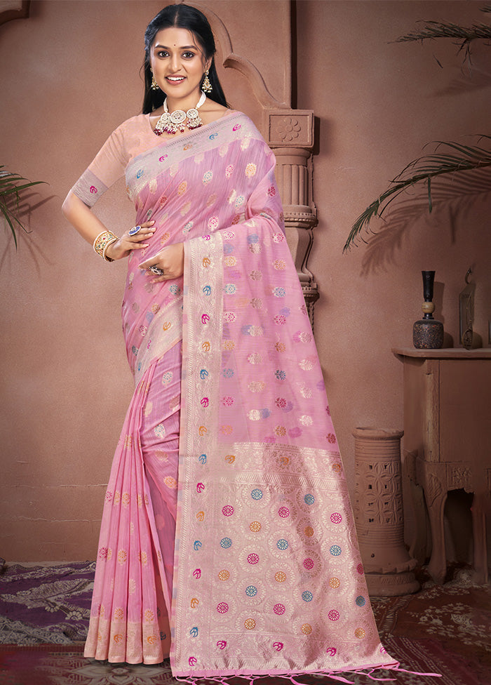 Pink Cotton Saree With Blouse Piece Cheap Sale Reliable