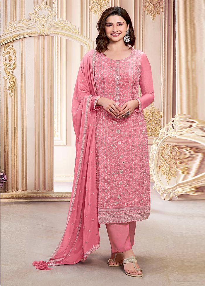 3 Pc Pink Semi Stitched Georgette Suit Set Sale Online Online