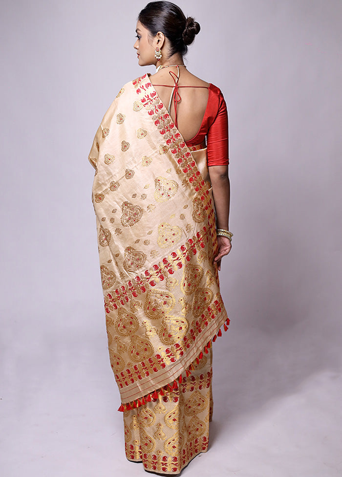 Cream Handloom Assam Pure Silk Saree With Blouse Piece Sale Footlocker Pictures