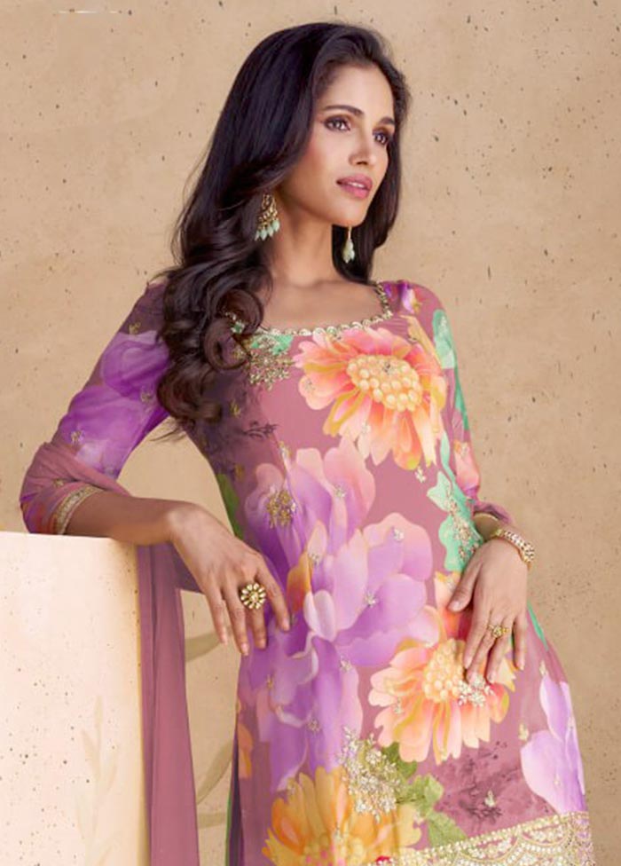 3 Pc Multicolor Semi Stitched Silk Suit Set Cheap Best