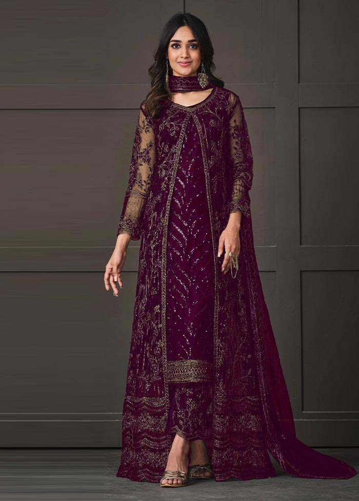 3 Pc Purple Semi Stitched Net Suit Set Websites Cheap Pice