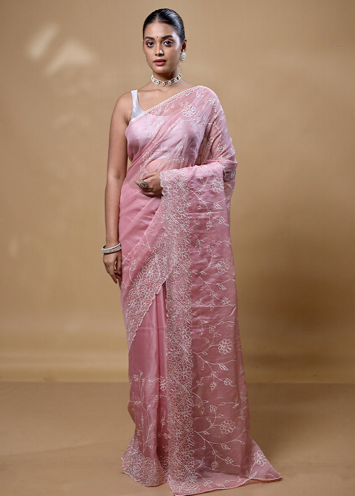 Pink Organza Saree With Blouse Piece Clearance Free Shipping