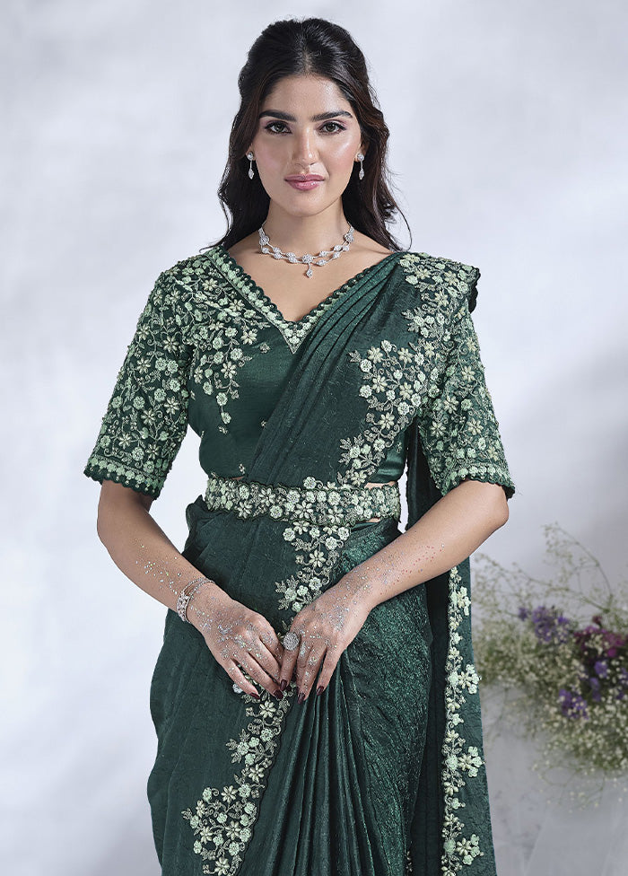 Green Satin Silk Saree With Blouse Piece Low Pice Fee Shipping Cheap Online