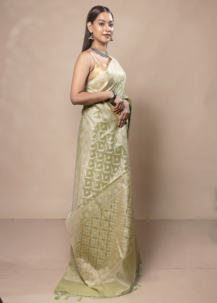 Green Tissue Silk Saree With Blouse Piece Clearance For Nice