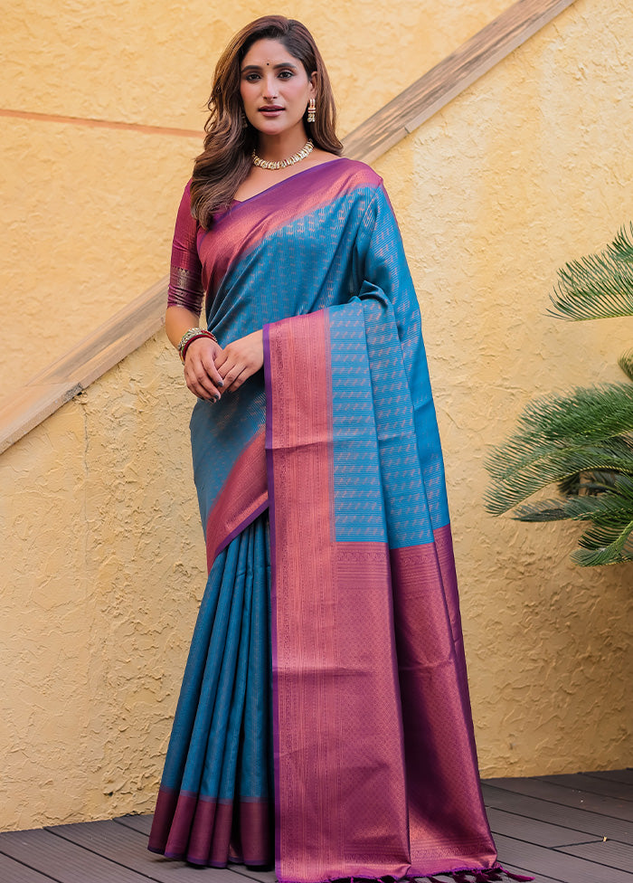 Sky Blue Kanjivaram Silk Saree With Blouse Piece Latest Collections For Sale