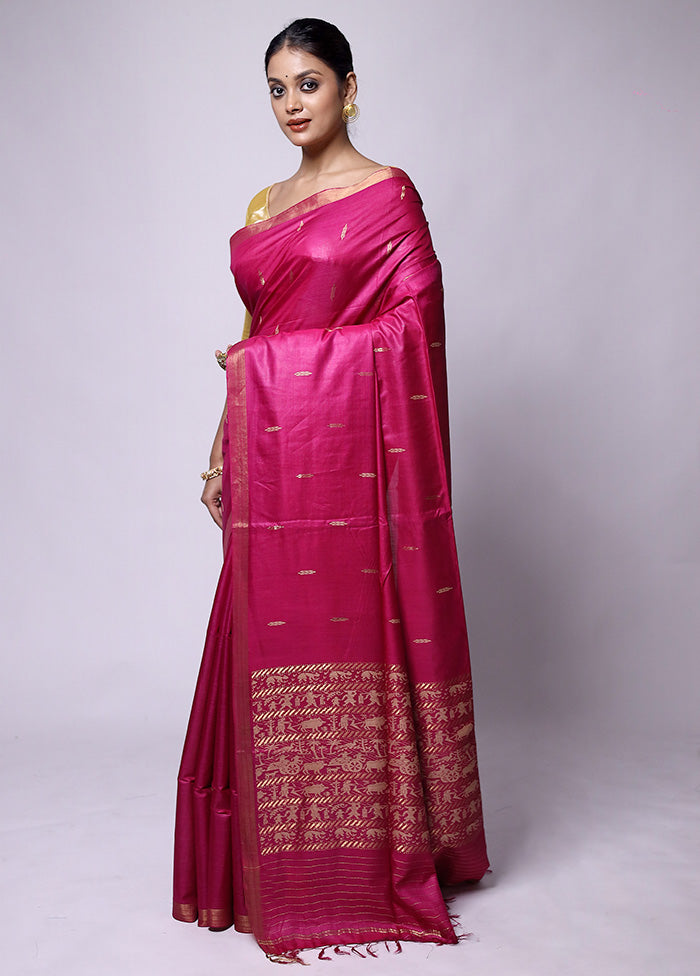 Pink Handloom Tussar Pure Silk Saree With Blouse Piece Cheap Sale Outlet