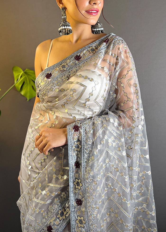 Grey Net Net Saree With Blouse Piece Footlocker Pictures Sale Online