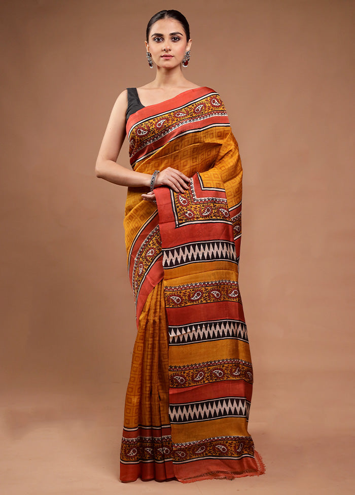 Yellow Printed Pure Silk Saree Without Blouse Piece Cost Cheap Online