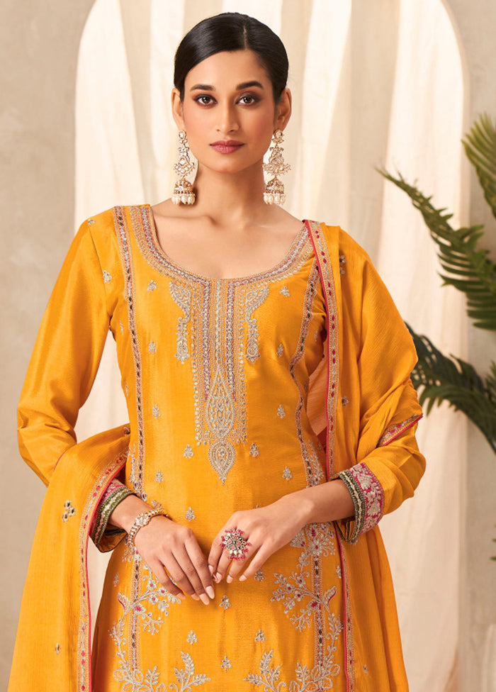 3 Pc Mustard Unstitched Silk Suit Set Sale Best Seller