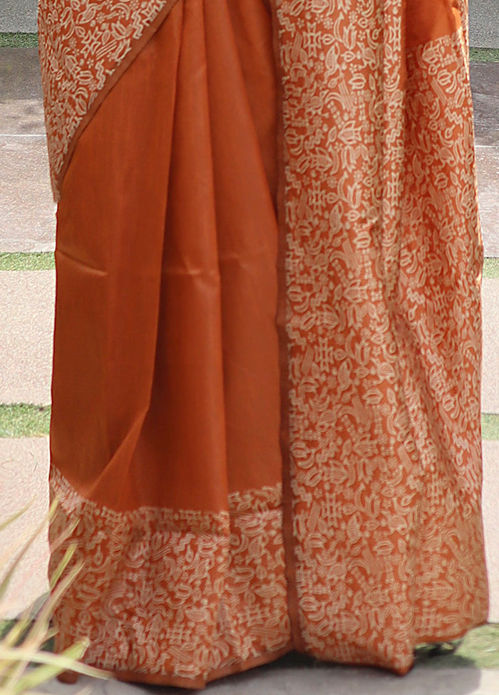 Orange Spun Silk Saree With Blouse Piece Outlet Extremely