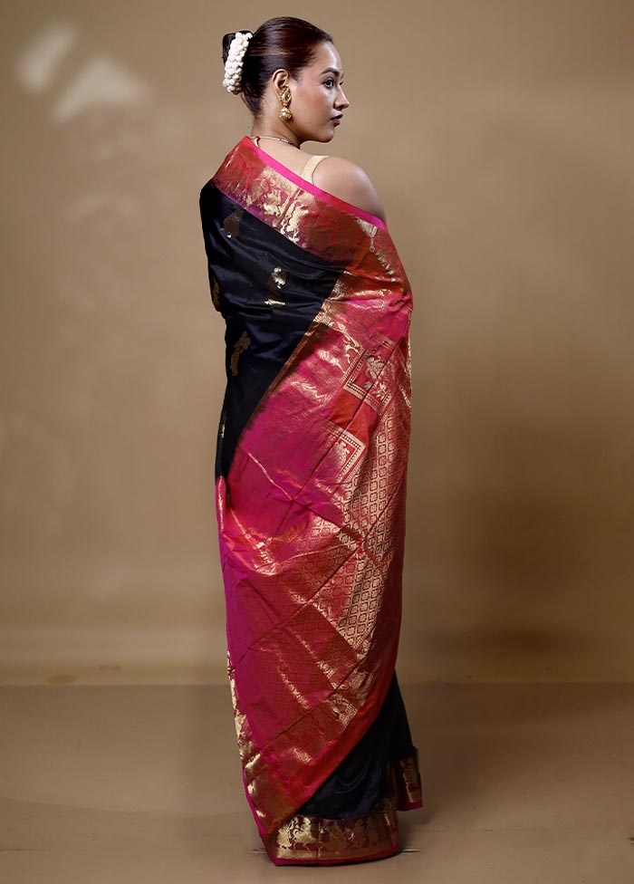 Black Handloom Kanjivaram Pure Silk Saree With Blouse Piece Choice