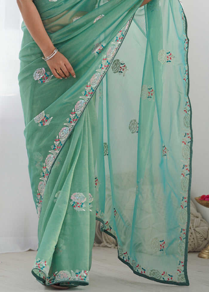 Sea Green Net Net Saree With Blouse Piece With Credit Card For Sale