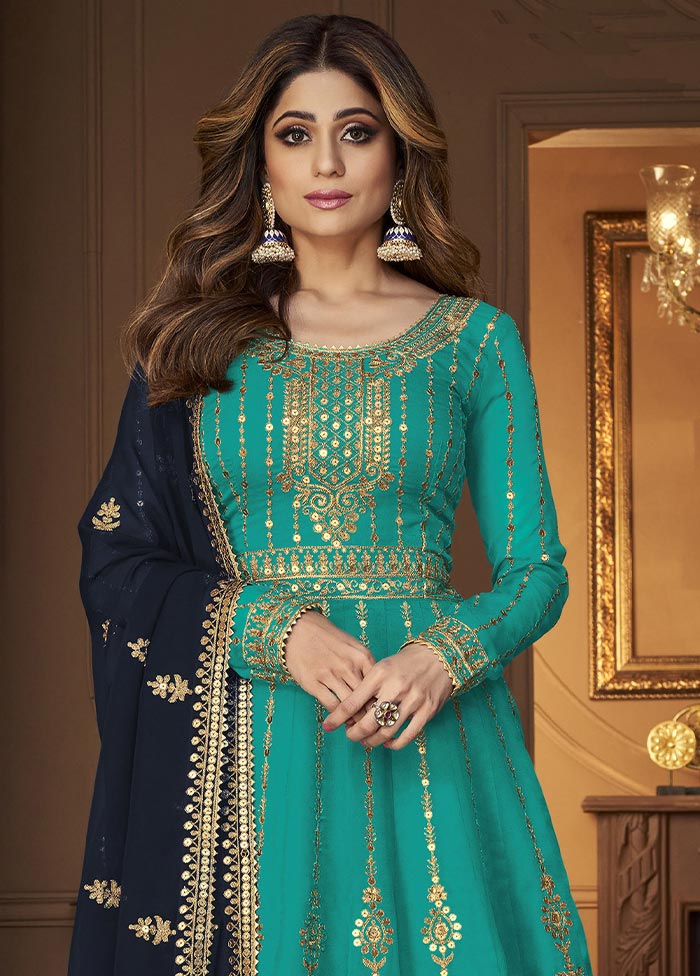 3 Pc Blue Semi Stitched Georgette Suit Set Cheap Sale Genuine