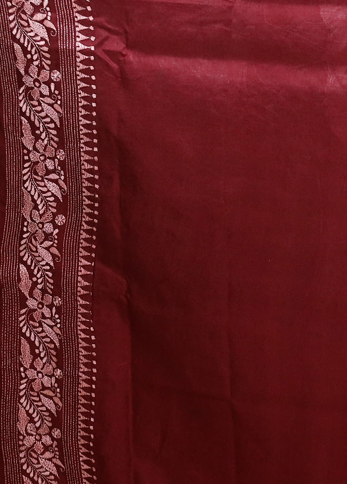 Maroon Handloom Kantha Stitch Pure Silk Saree With Blouse Piece Discount Tumblr