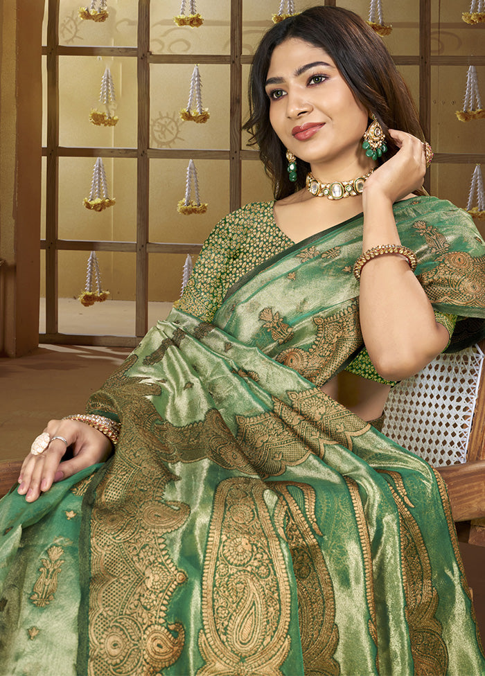 Green Spun Silk Saree With Blouse Piece Cheap With Paypal