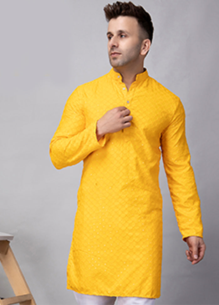 Yellow Viscose Embroidered Knee Length Kurta Clearance Low Pice Fee Shipping