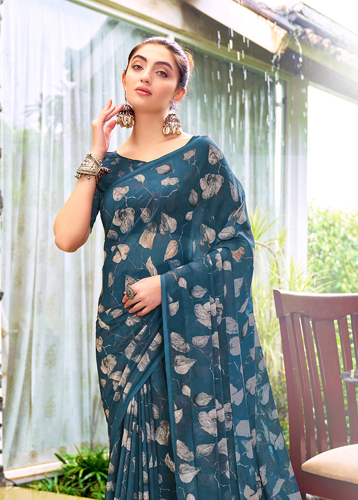 Teal Blue Georgette Saree With Blouse Piece Cheap Sale Store