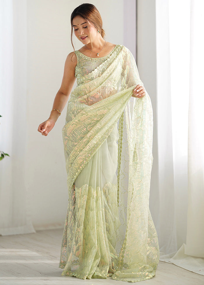 Pista Green Net Net Saree With Blouse Piece Sale Cheap Pices