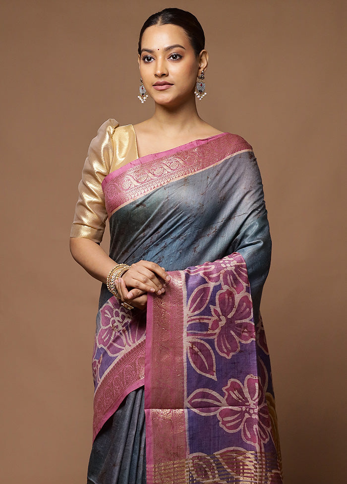 Grey Tussar Silk Saree With Blouse Piece Buy Cheap Visit New