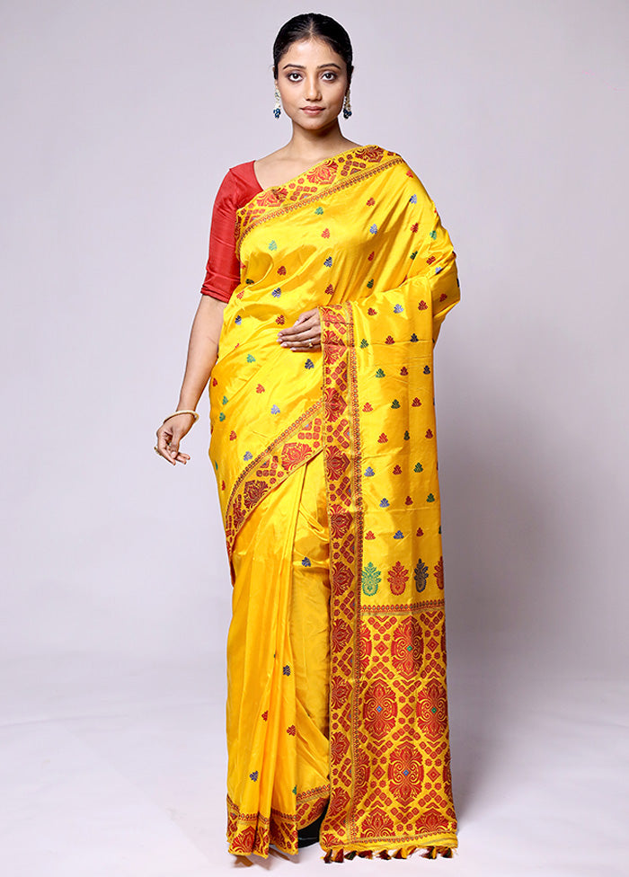 Yellow Handloom Assam Pure Silk Saree With Blouse Piece Free Shipping Manchester