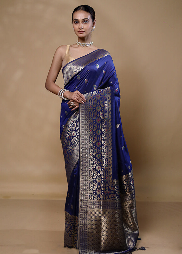 Blue Dupion Silk Saree With Blouse Piece Top Quality For Sale