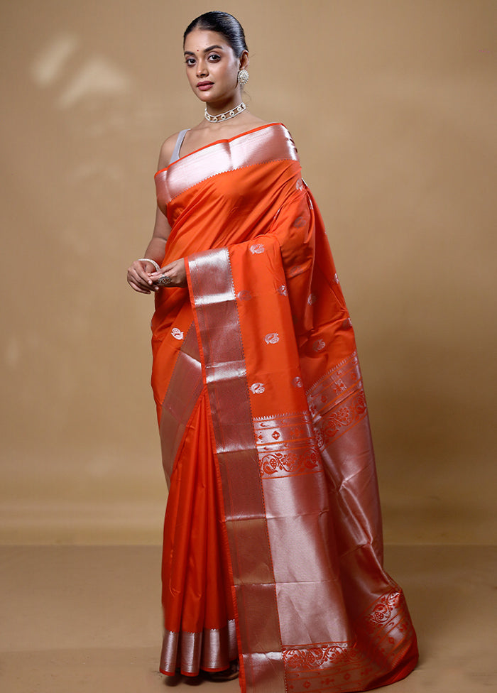 Orange Kanjivaram Silk Saree With Blouse Piece Clearance Footaction