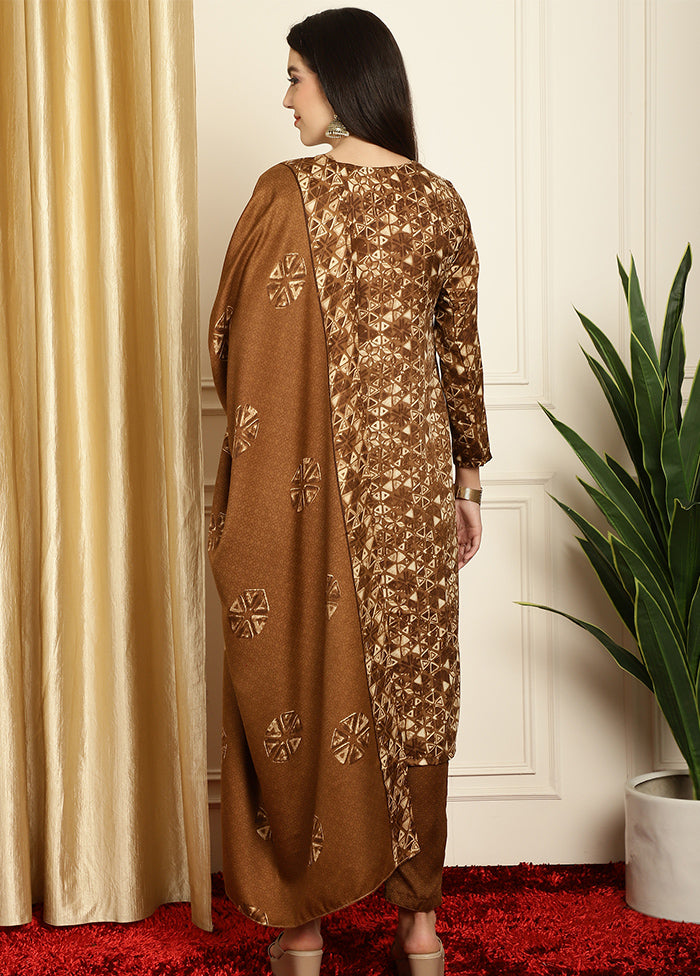 3 Pc Brown Unstitched Pashmina Suit Set Latest Cheap Online