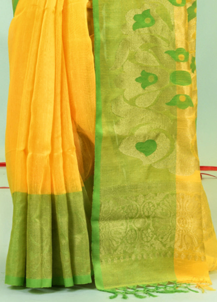 Yellow Pure Cotton Saree With Blouse Piece Cheap With Credit Card