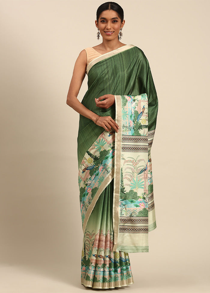 Green Cotton Saree With Blouse Piece Cheap Sale 100% Original