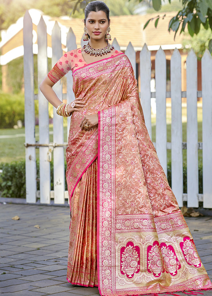 Peach Spun Silk Saree With Blouse Piece Cheap Sale Shop For