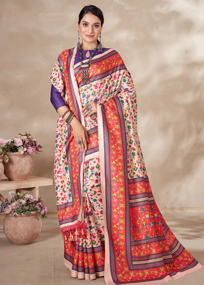 Cream Pasmina Silk Saree With Shawl And Blouse Piece Free Shipping Finishline