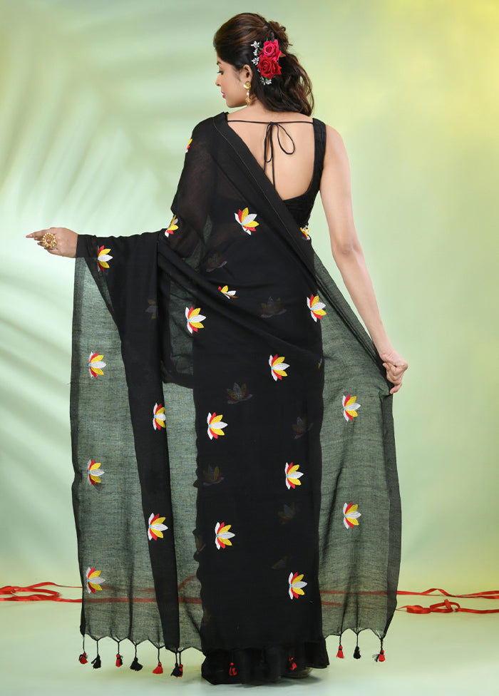 Black Cotton Saree With Blouse Piece Sale Low Pice Fee Shipping