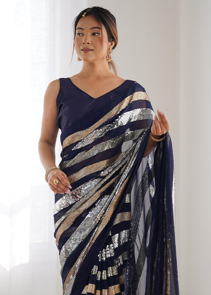 Navy Blue Georgette Saree With Blouse Piece Free Shipping Hot Sale