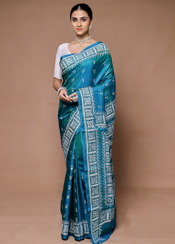 Blue Handloom Kantha Stitch Pure Silk Saree With Blouse Piece Discount View