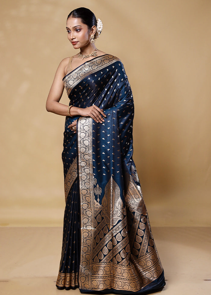 Blue Banarasi Silk Saree With Blouse Piece Official For Sale