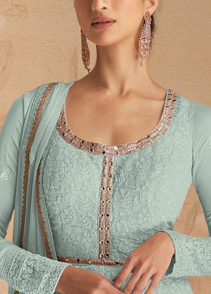 3 Pc Sky Blue Semi Stitched Georgette Suit Set Cheap Amazon