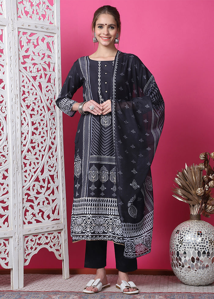 3 Pc Black Semi Stitched Cotton Suit Set Outlet Big Discount